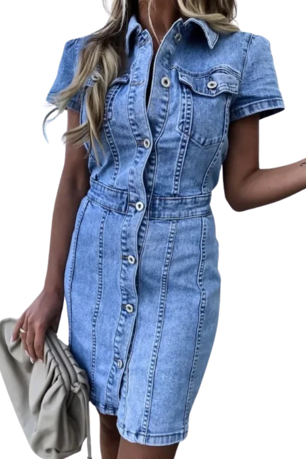 Women's Denim Midi Dress - Button-Down Short Sleeve Fitted Waist