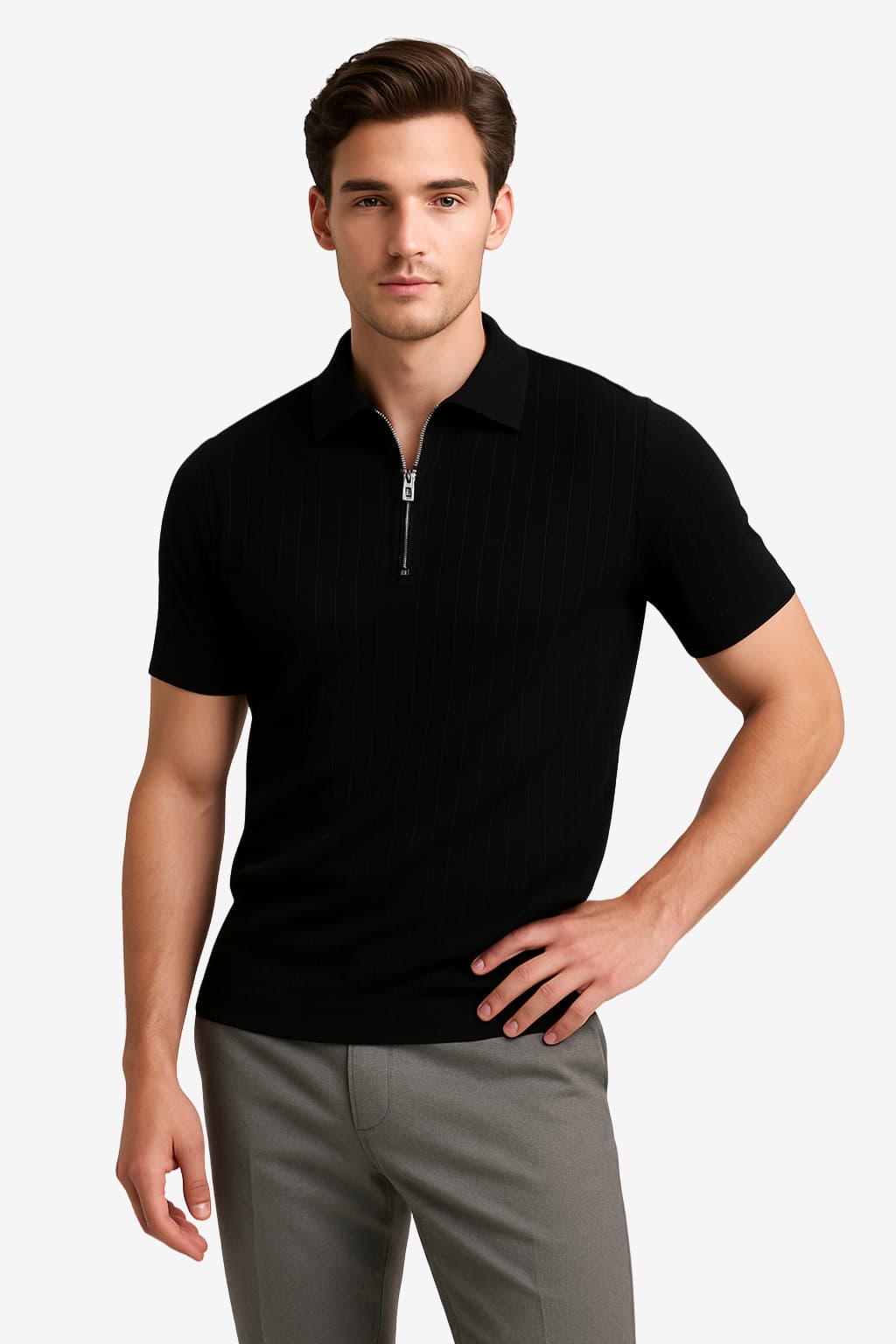 Men’s Zip Polo Shirt Short Sleeve Muscle Fit Top