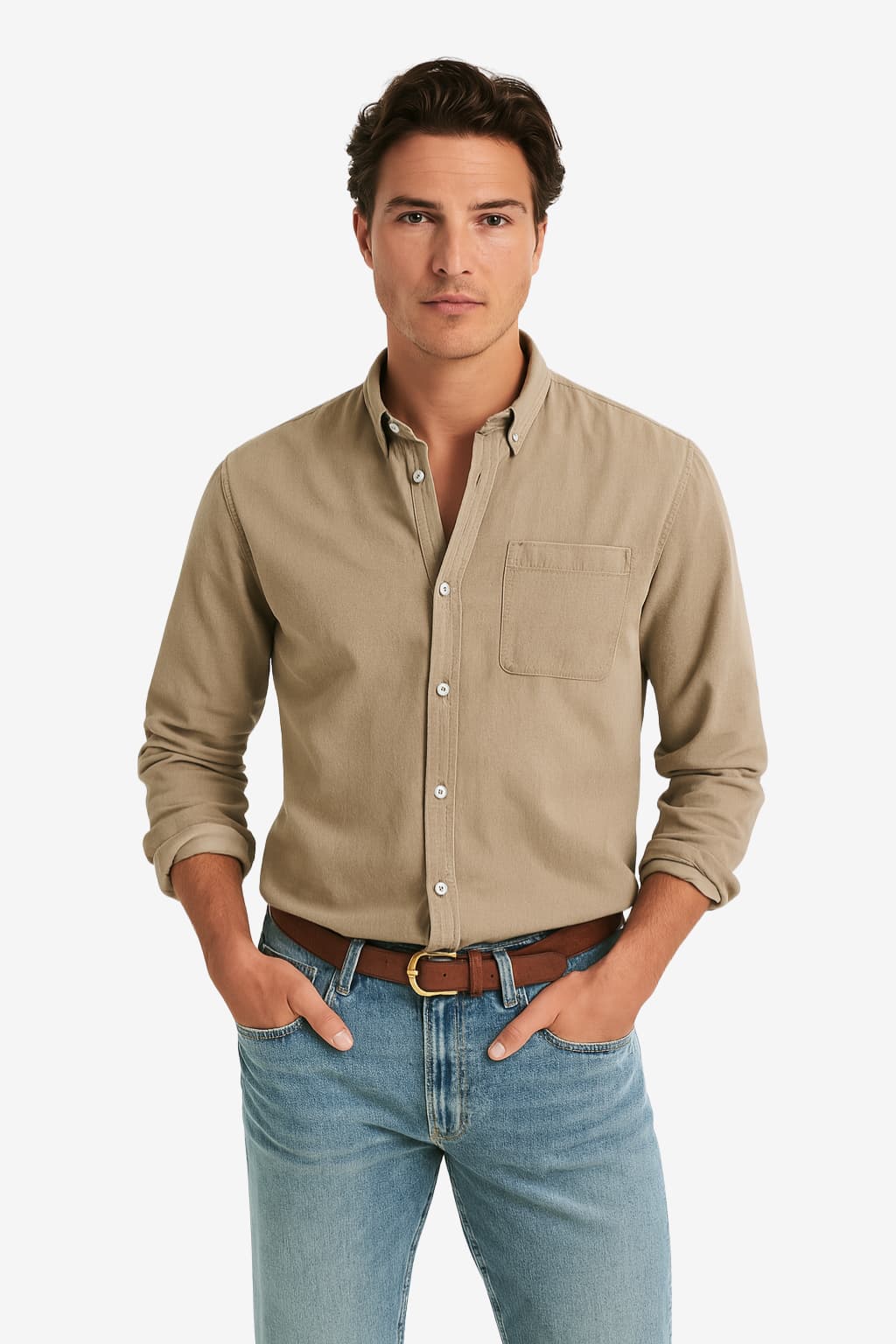 Men’s Long Sleeve Denim Shirt Casual Button-Up Top