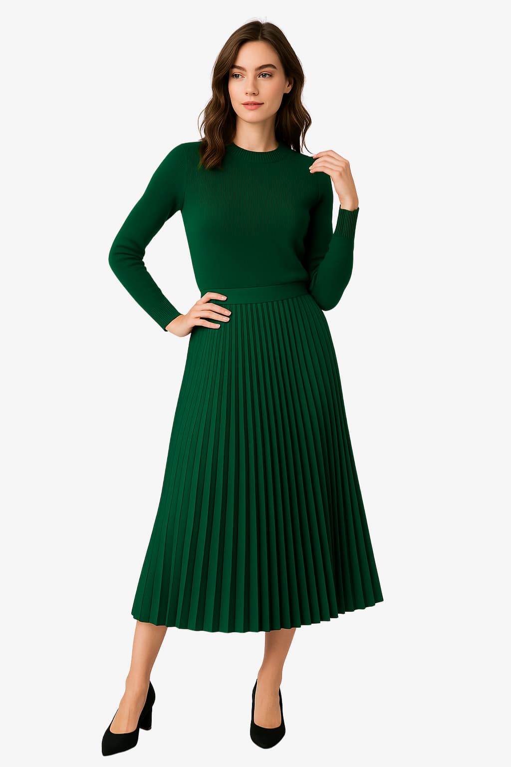 Women’s Pleated Midi Skirt High Waist Beige Elastic