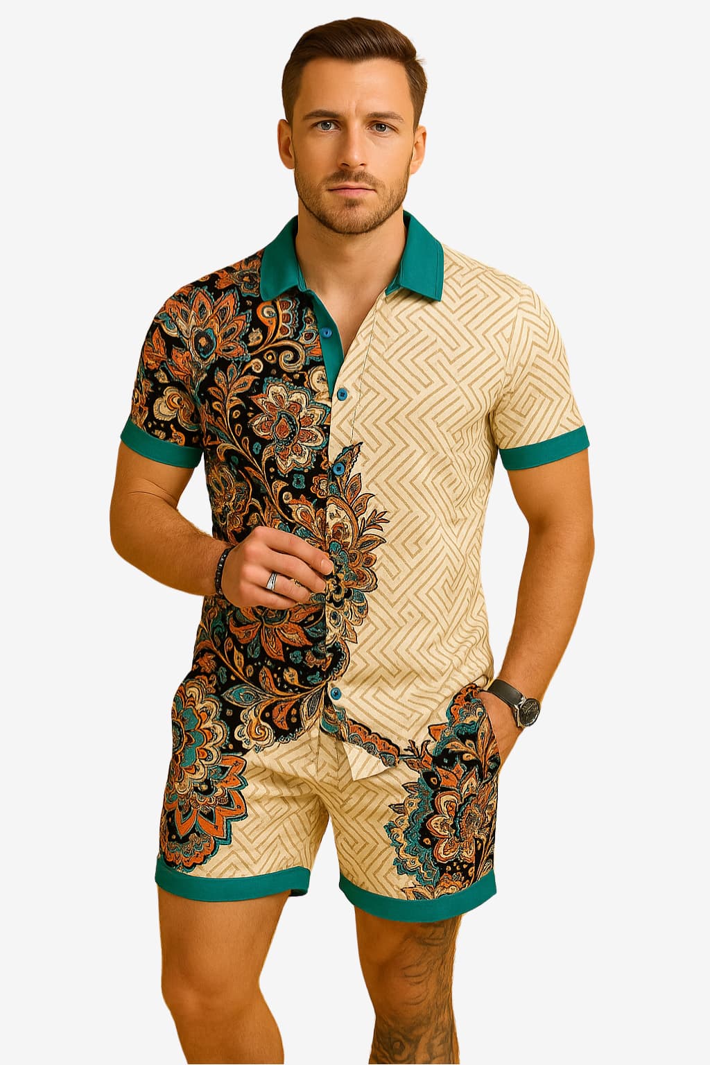 Men’s Summer Two-Piece Shirt and Shorts Set Floral Print