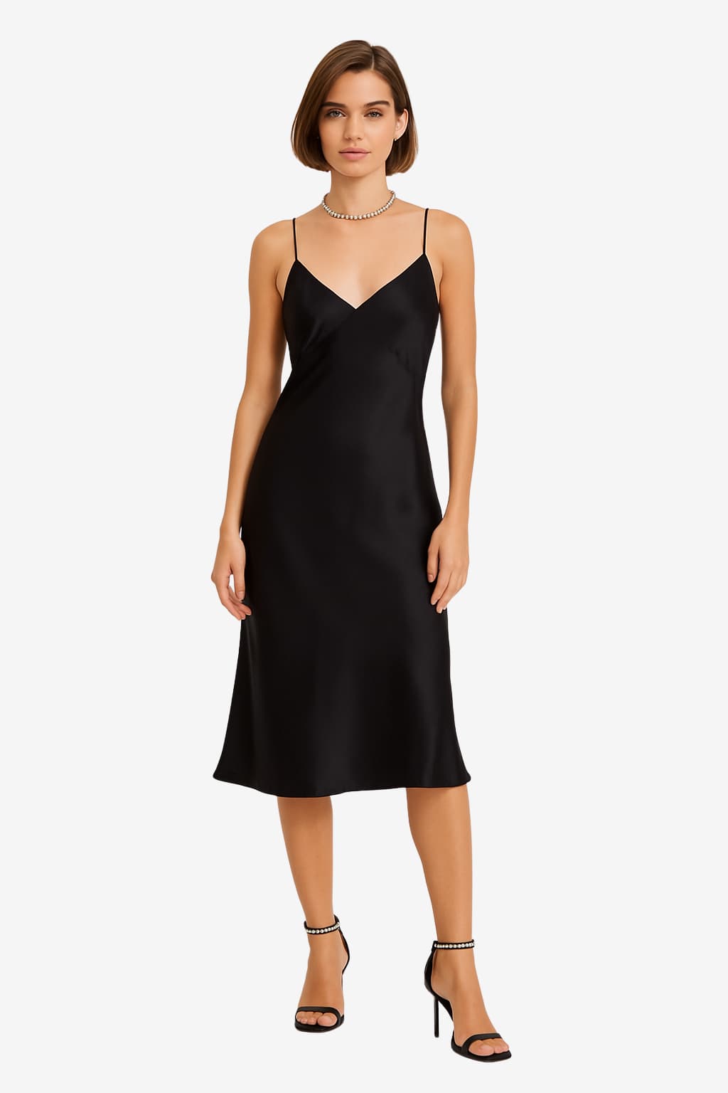 Women’s Satin Slip Dress Midi Length with V-Neck