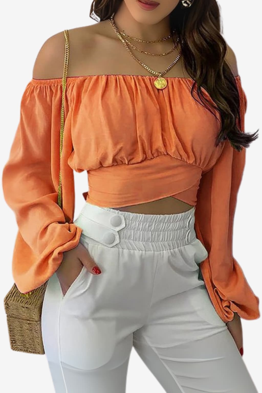 Women’s Boho Off-Shoulder Top Long Sleeve Light Blue