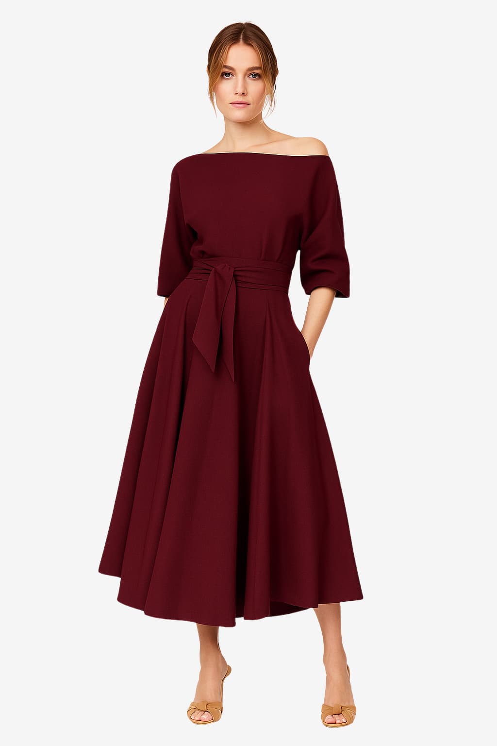 Women’s Off Shoulder Midi Dress Flared Skirt Belted
