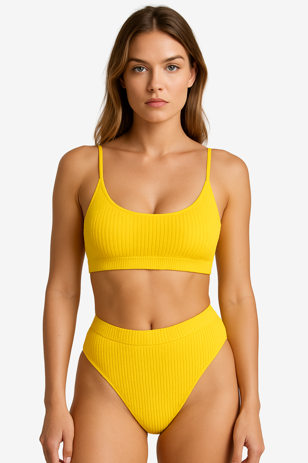 Women’s Ribbed Bikini Set with High-Waisted Bottoms