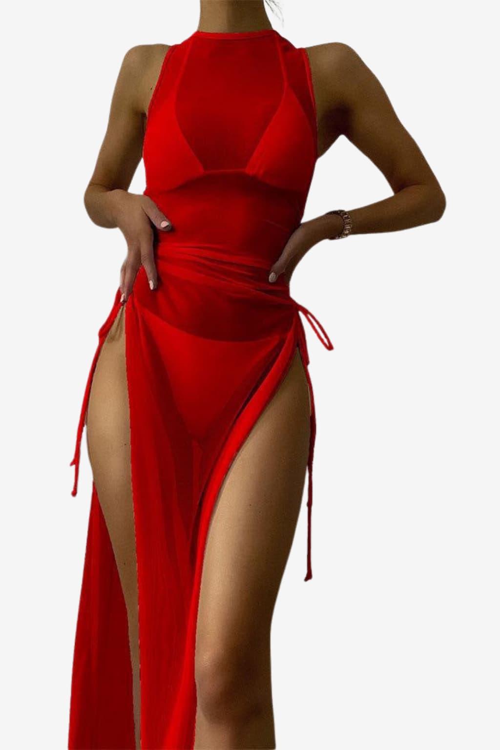 Women’s Long Sheer Swimsuit Cover Up with Bikini Set