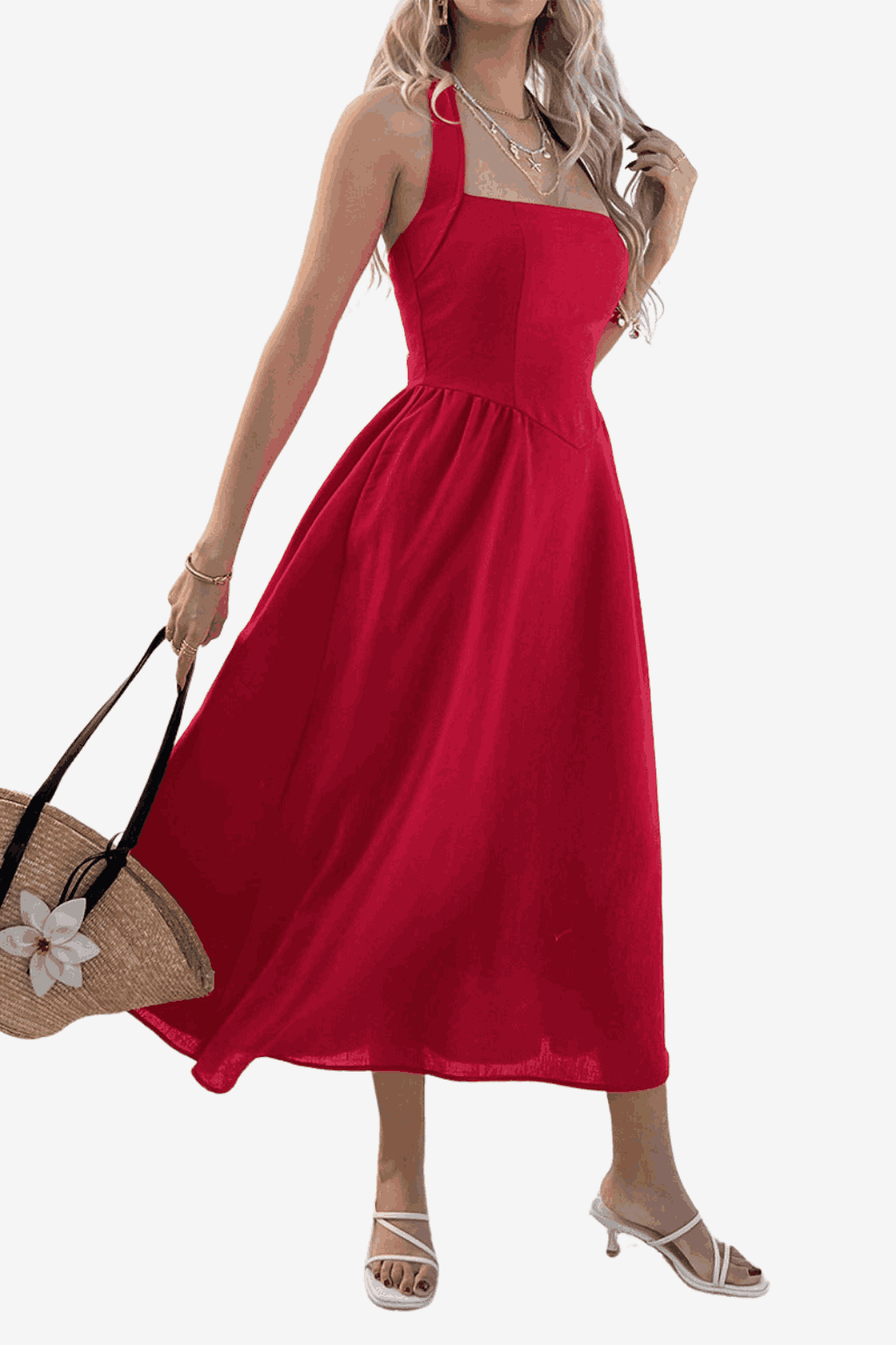 Women's Cotton Linen Halter Midi Dress - Sleeveless A-Line Fit for Summer