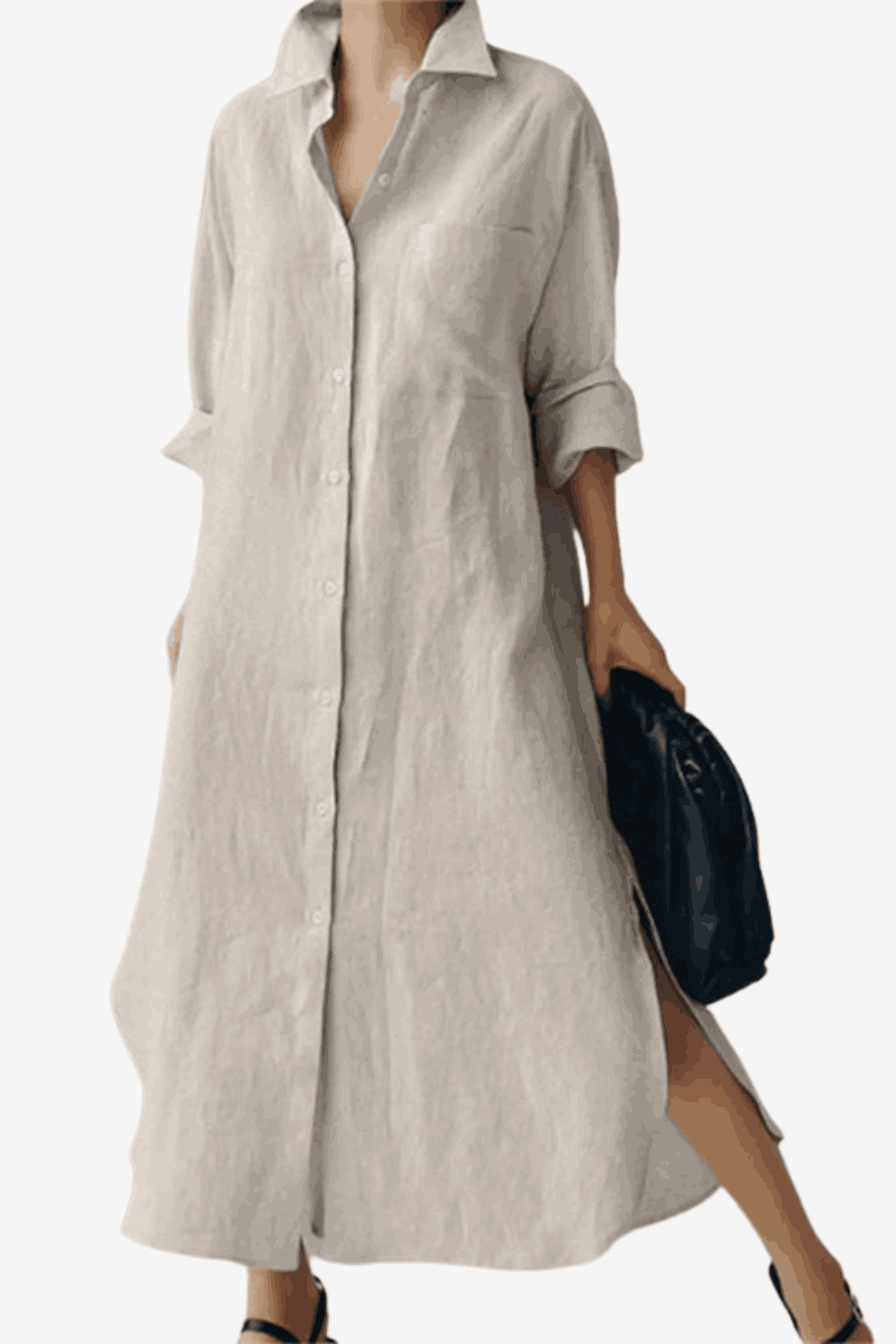 Women's Linen Blend Shirt Dress - Button-Down Long Sleeve Casual Fit