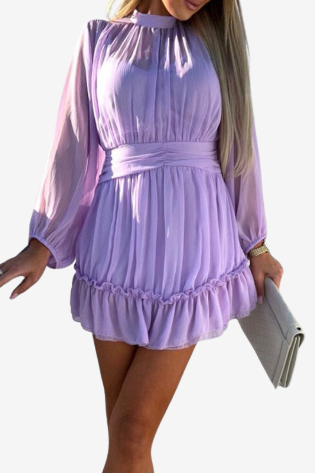 Women’s Pleated Mini Dress Long Sleeve Ruffle Hem