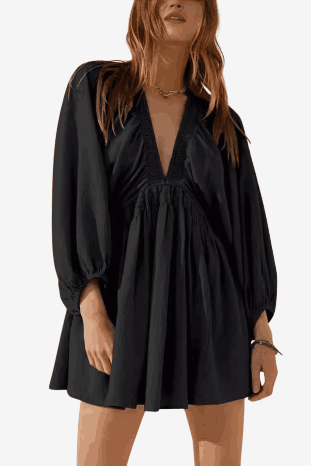 Women's Cotton Linen Short Dress - V-Neck Long Sleeve Relaxed Fit