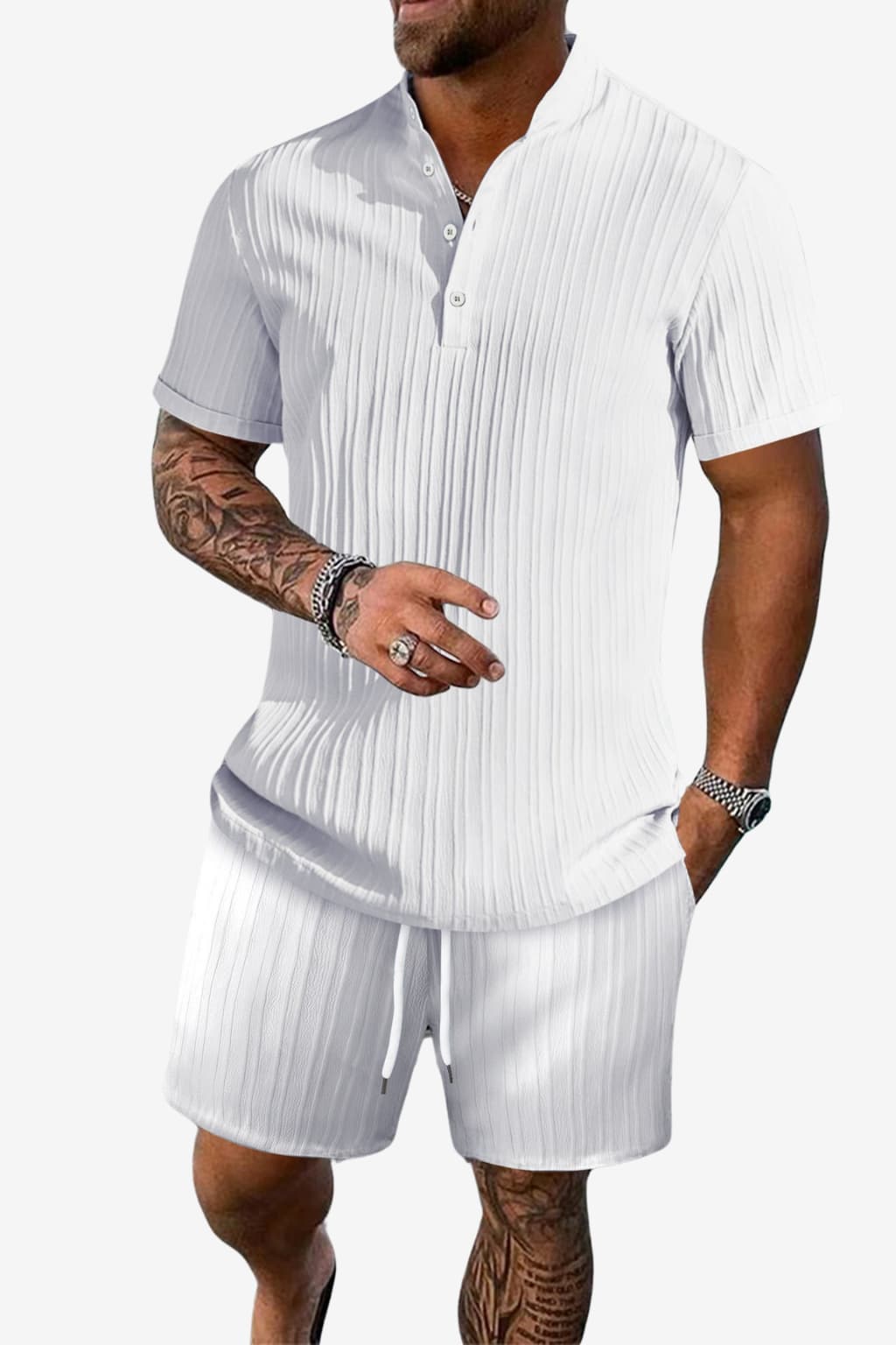 Men’s Ribbed Polo Shirt and Shorts Set Summer Casual