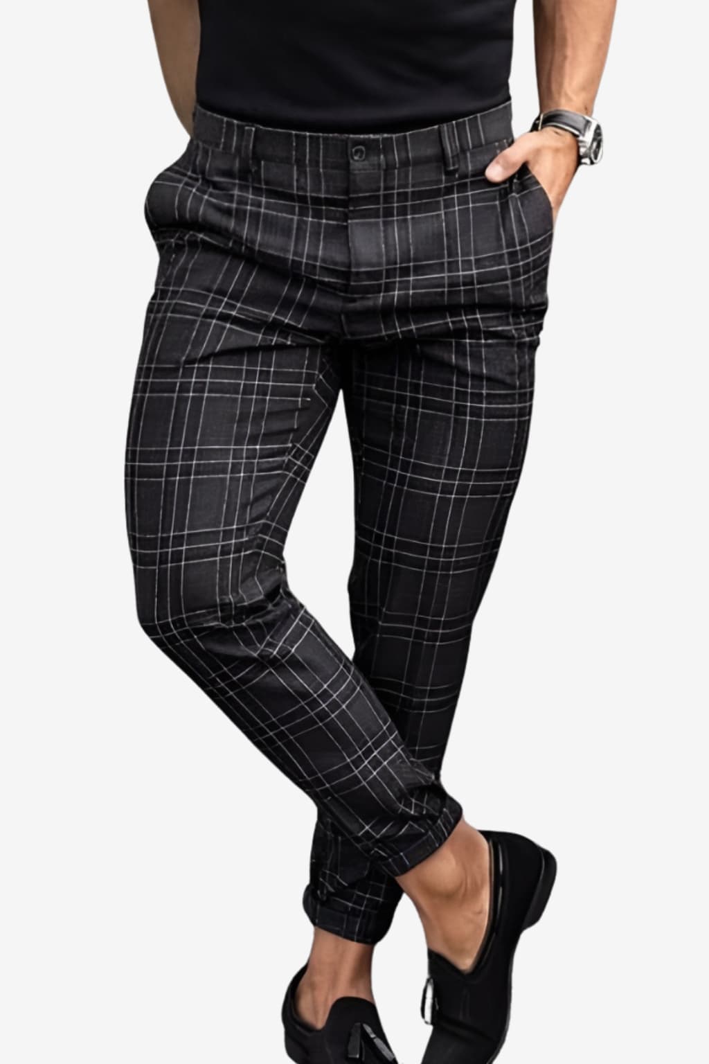 Men's Slim Fit Plaid Ankle Trousers - Smart Casual Woven Fabric