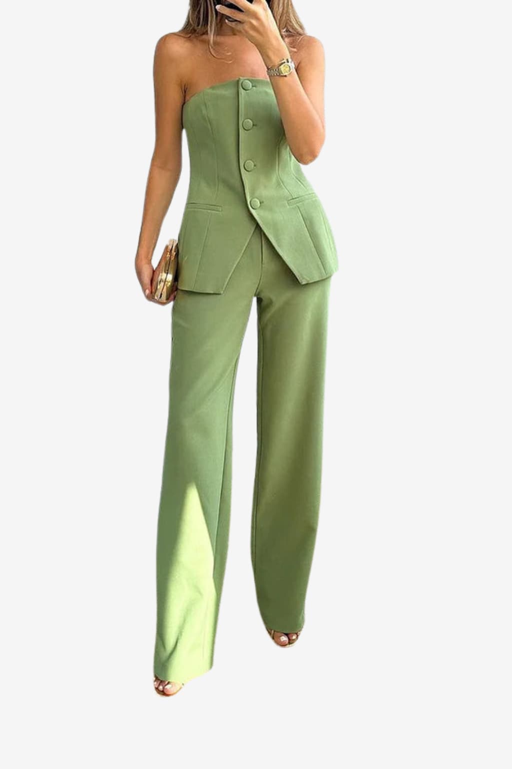 Women’s Strapless Blazer Suit Set with Wide-Leg Trousers
