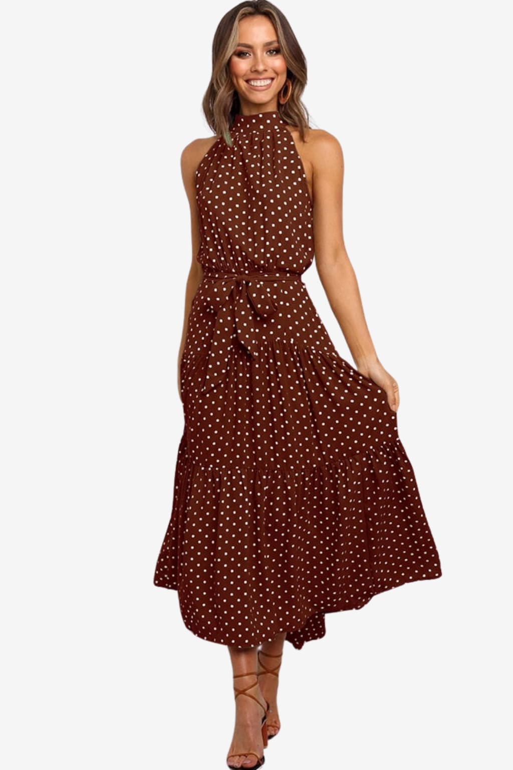 Women’s Polka Dot Halter Midi Dress Sleeveless Fit