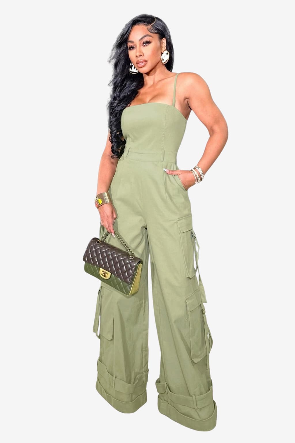 Women's Wide-Leg Cargo Jumpsuit with Spaghetti Straps