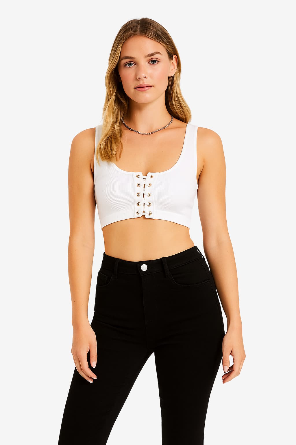 Women’s Sleeveless Crop Top Lace-Up Front Ribbed Fit