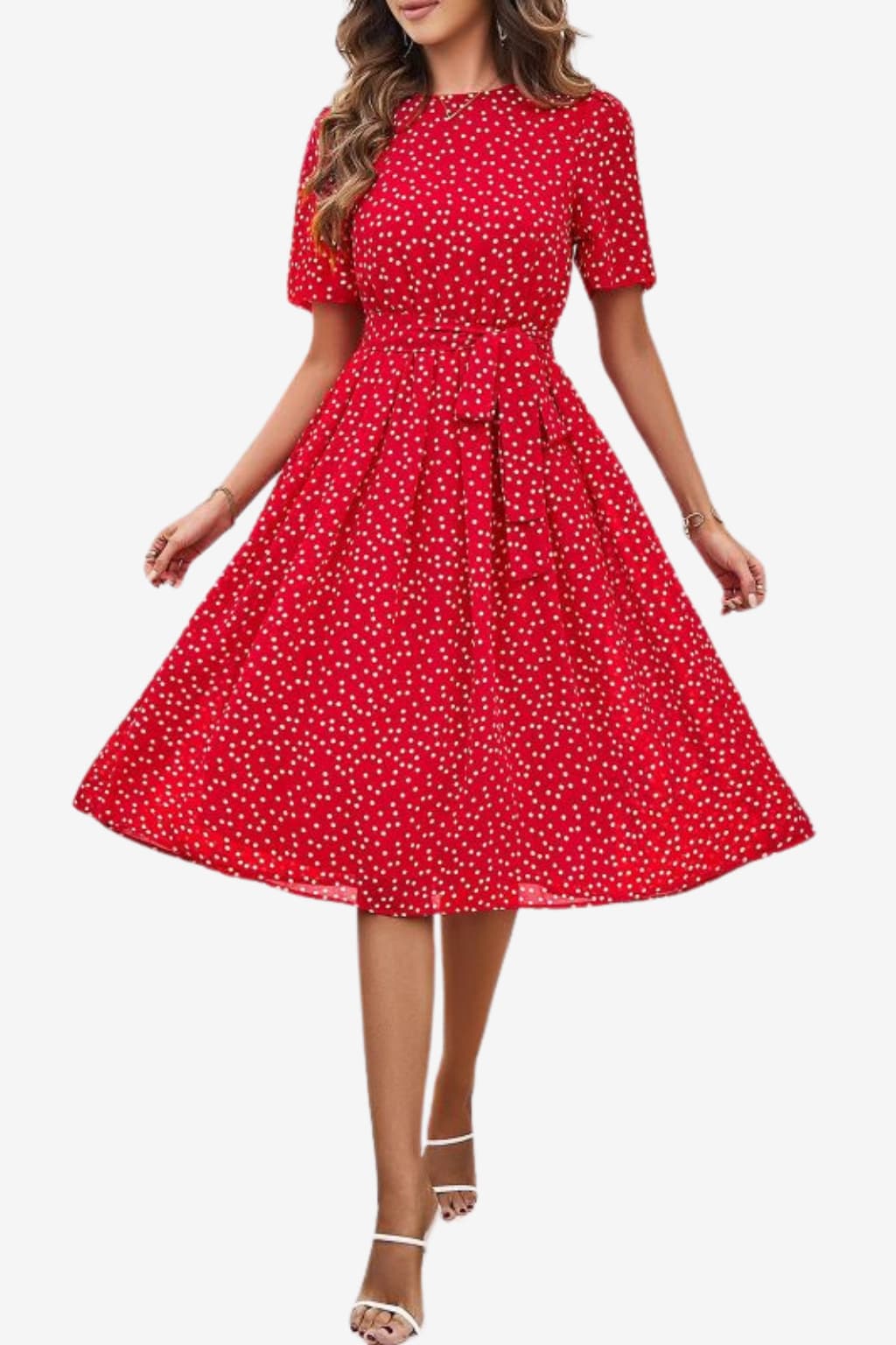 Women’s Polka Dot Midi Dress Short Sleeve Tie Waist