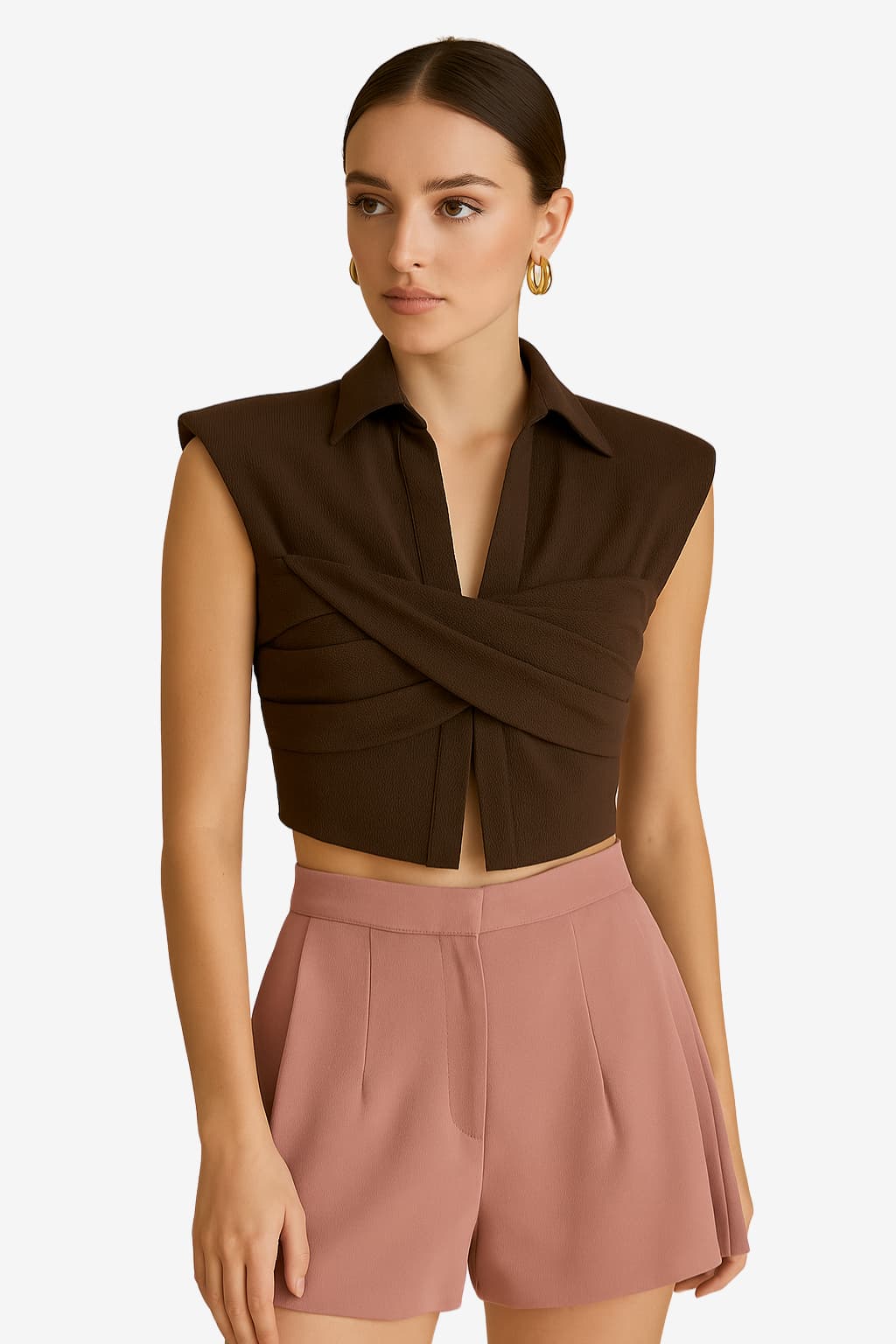 Women’s Linen Ruched Wrap Crop Top Sleeveless Collared