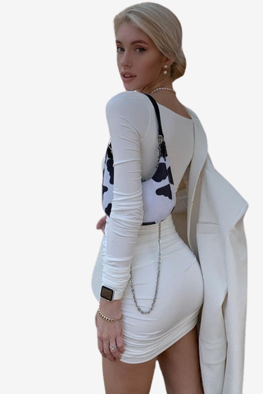 Women’s White Bodycon Mini Dress Long Sleeve Ruched