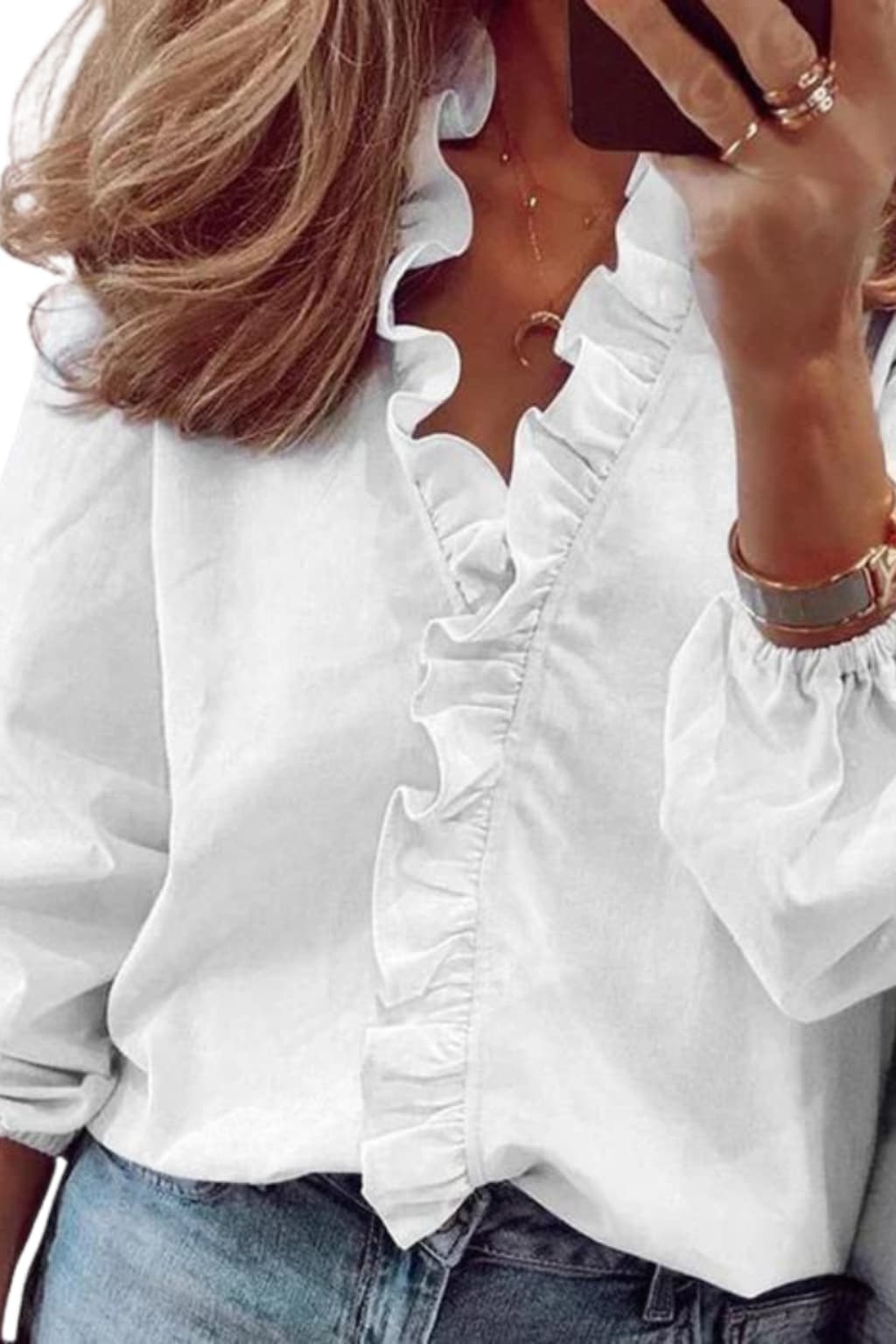 Women’s Ruffled V-Neck Blouse with Puff Long Sleeves