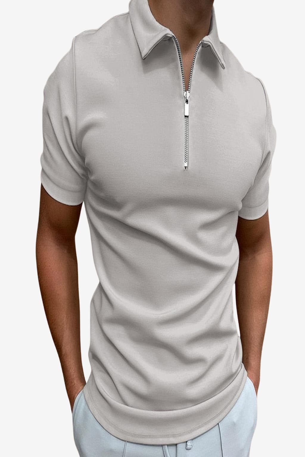 Men's Slim Fit Short Sleeve Zip-Up Polo Shirt Light Grey