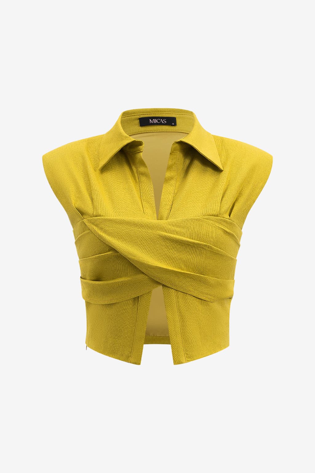 Women’s Linen Ruched Wrap Crop Top Sleeveless Collared