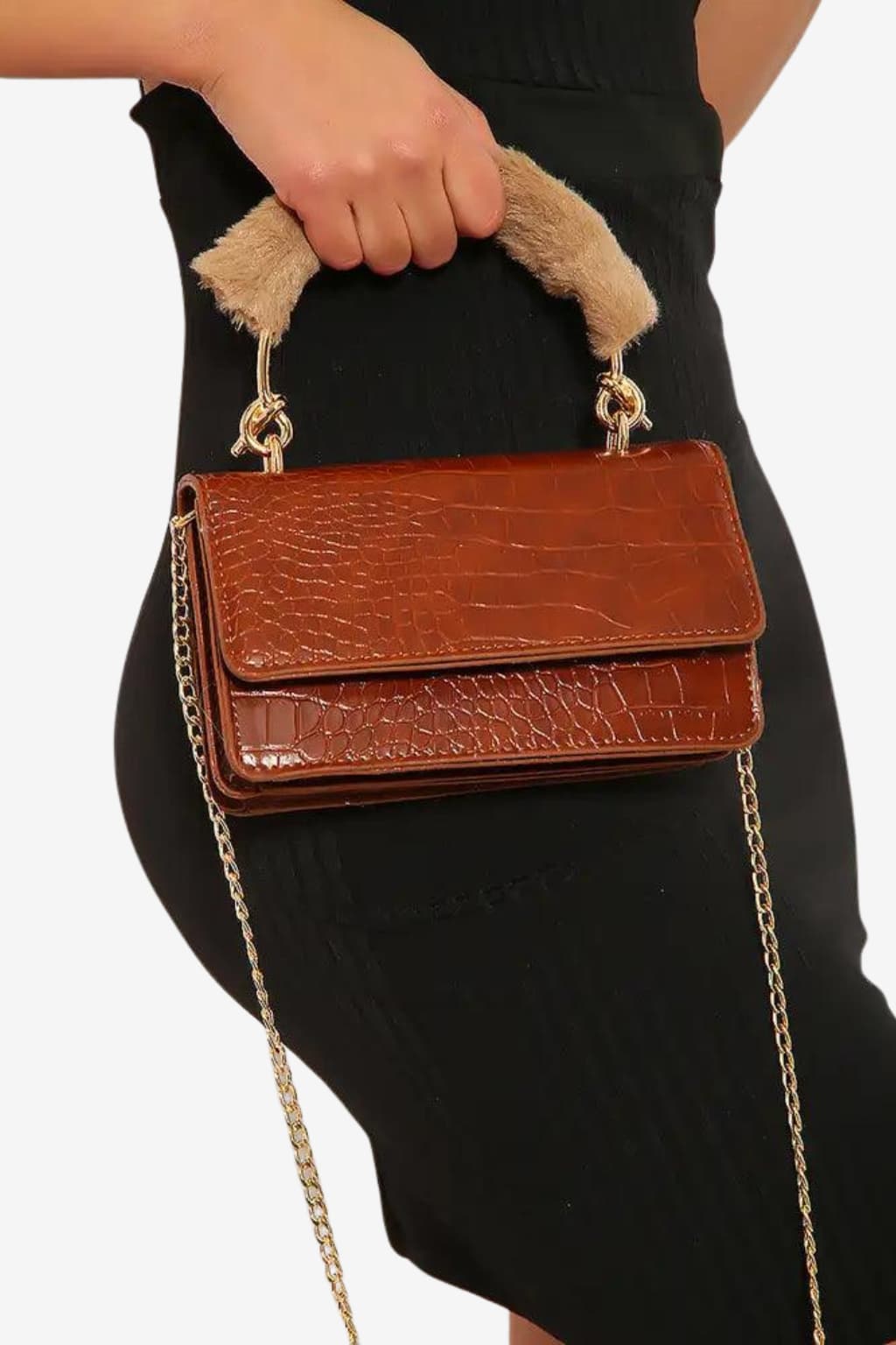 Women's Brown Faux Fur Handbag with Snake Print