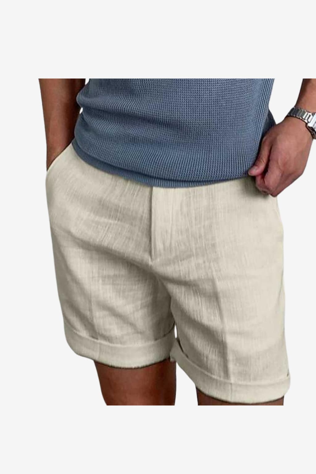 Men's Linen Shorts Relaxed Fit Mid-Thigh Cuffed Hem Casual