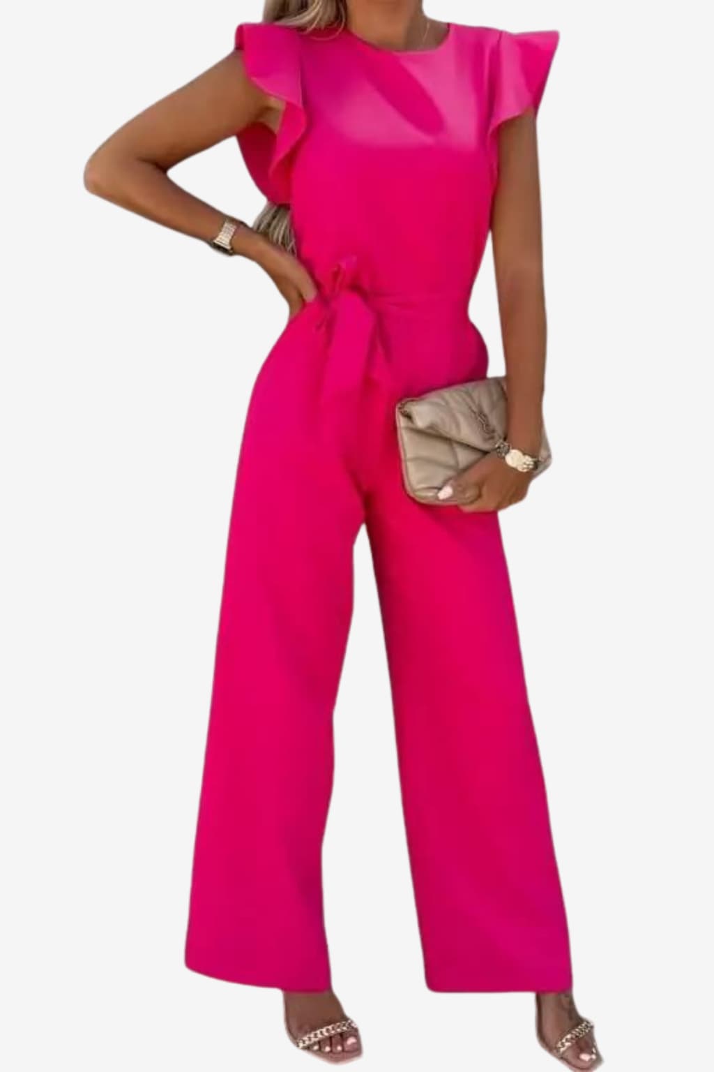 Women’s Wide Leg Jumpsuit with Belt and Cap Sleeves