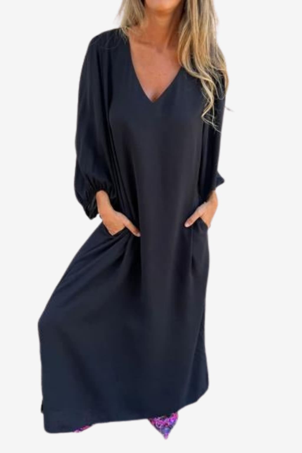 Women’s V-Neck Maxi Dress Balloon Sleeve Flowy Fit