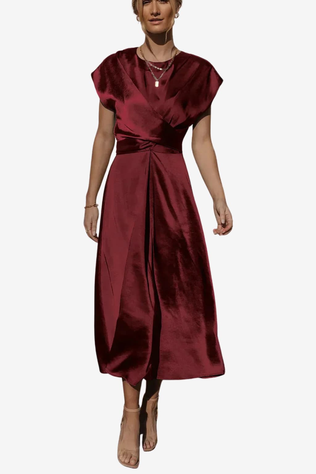 Women’s Satin Midi Dress Asymmetric Neckline Flowy Fit