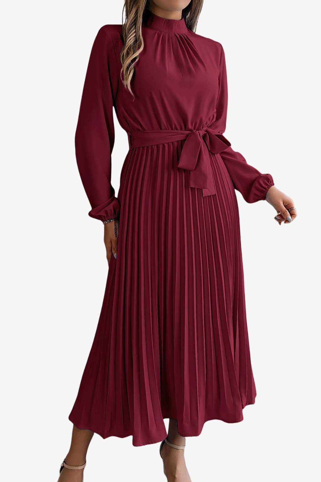 Women’s Long Sleeve Pleated Midi Dress with Belt