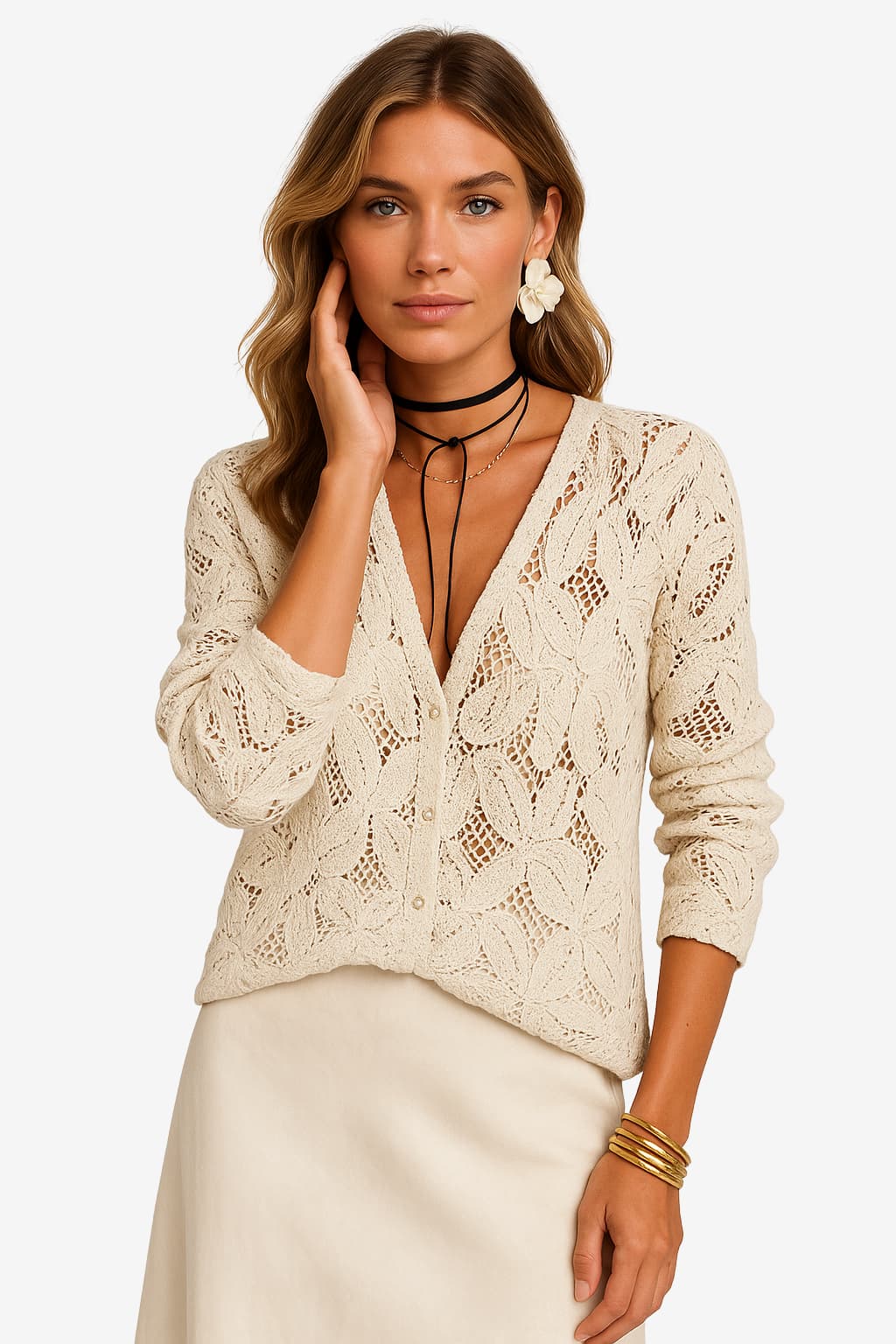 Women’s Lace Button Down Blouse Long Sleeve Top