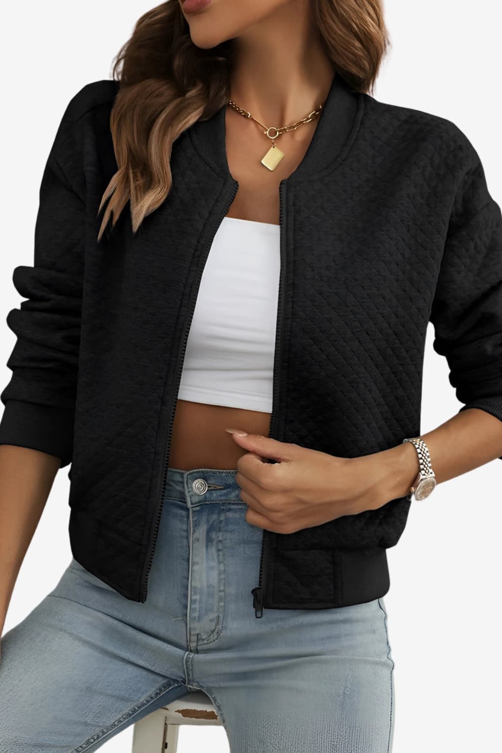 Women’s Quilted Bomber Jacket Lightweight Zip Front