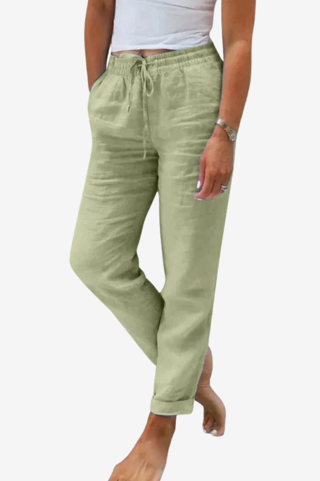 Women's Linen Trousers Loose Fit Elastic Waist Drawstring