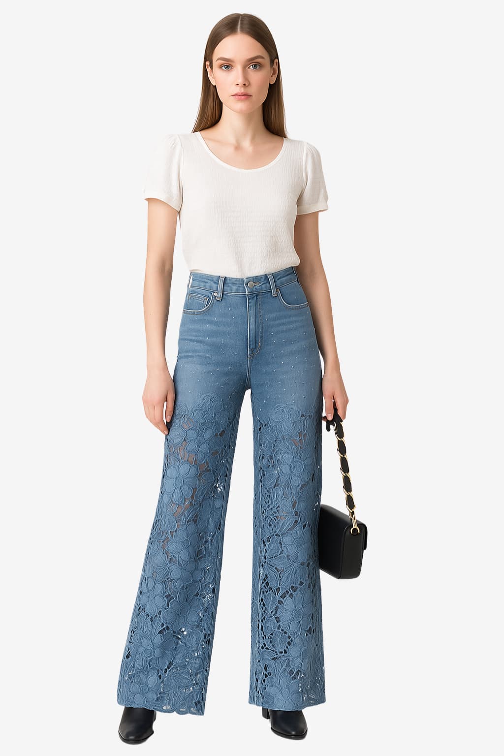 Women’s High Waist Wide Leg Denim Trousers with Lace