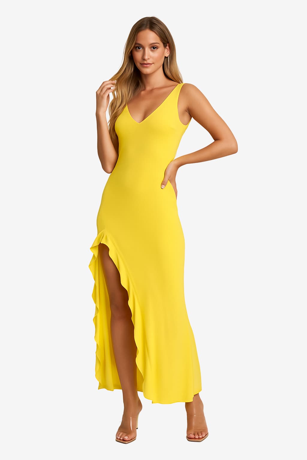 Women’s V-Neck Maxi Dress with Slit and Flounce Hem