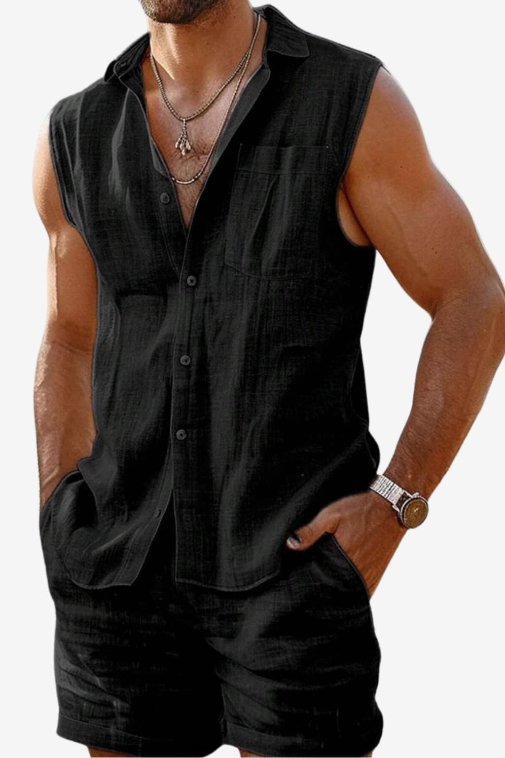 Men’s Sleeveless Cotton Linen Shirt Set Casual Summer