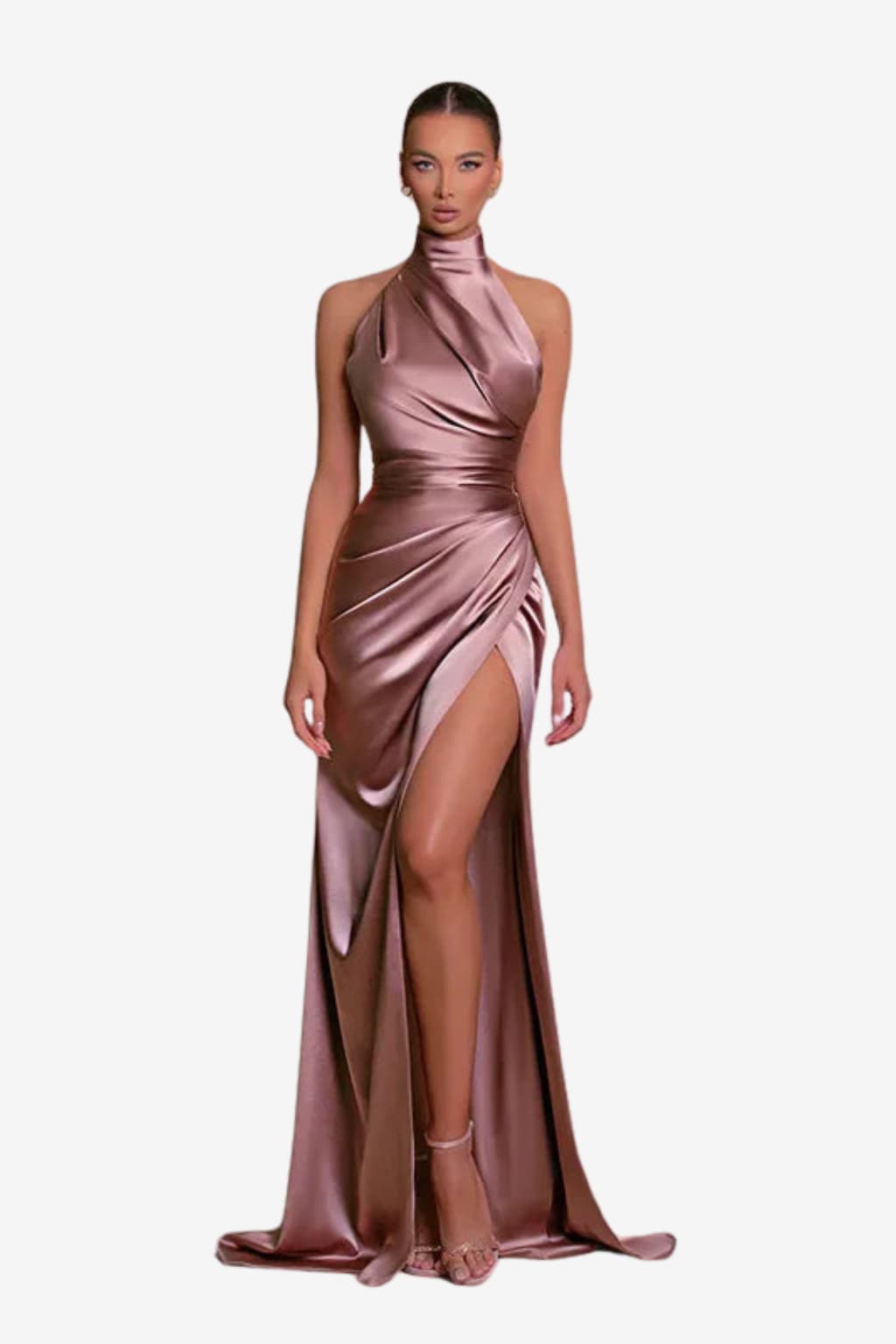 Women’s Satin Evening Dress with Slit and High Neck