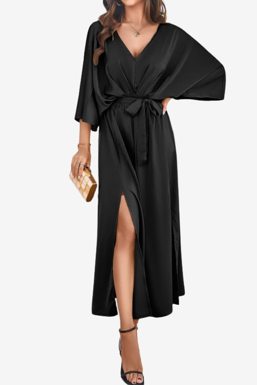 Women's Maxi Dress with V-Neck, Tie Waist, and High Slit