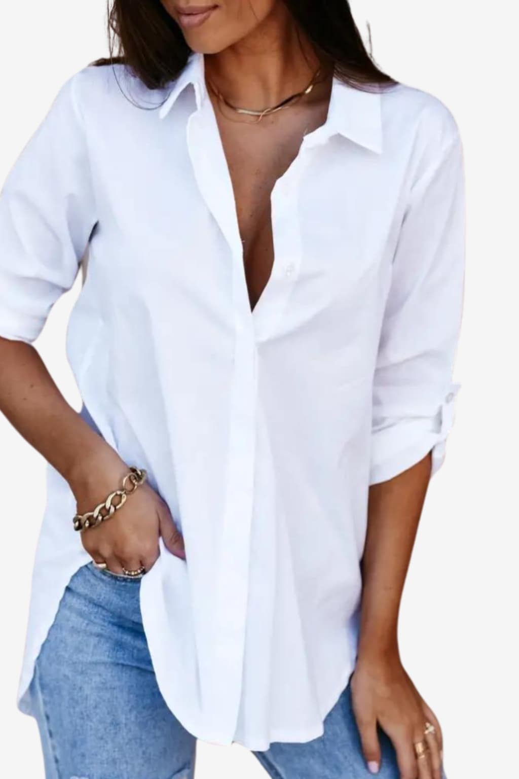 Women's Long Sleeve White Button - Down Blouse