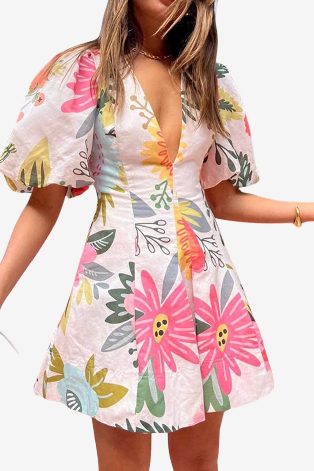 Women’s Floral V-Neck Mini Dress Puff Sleeve A-Line