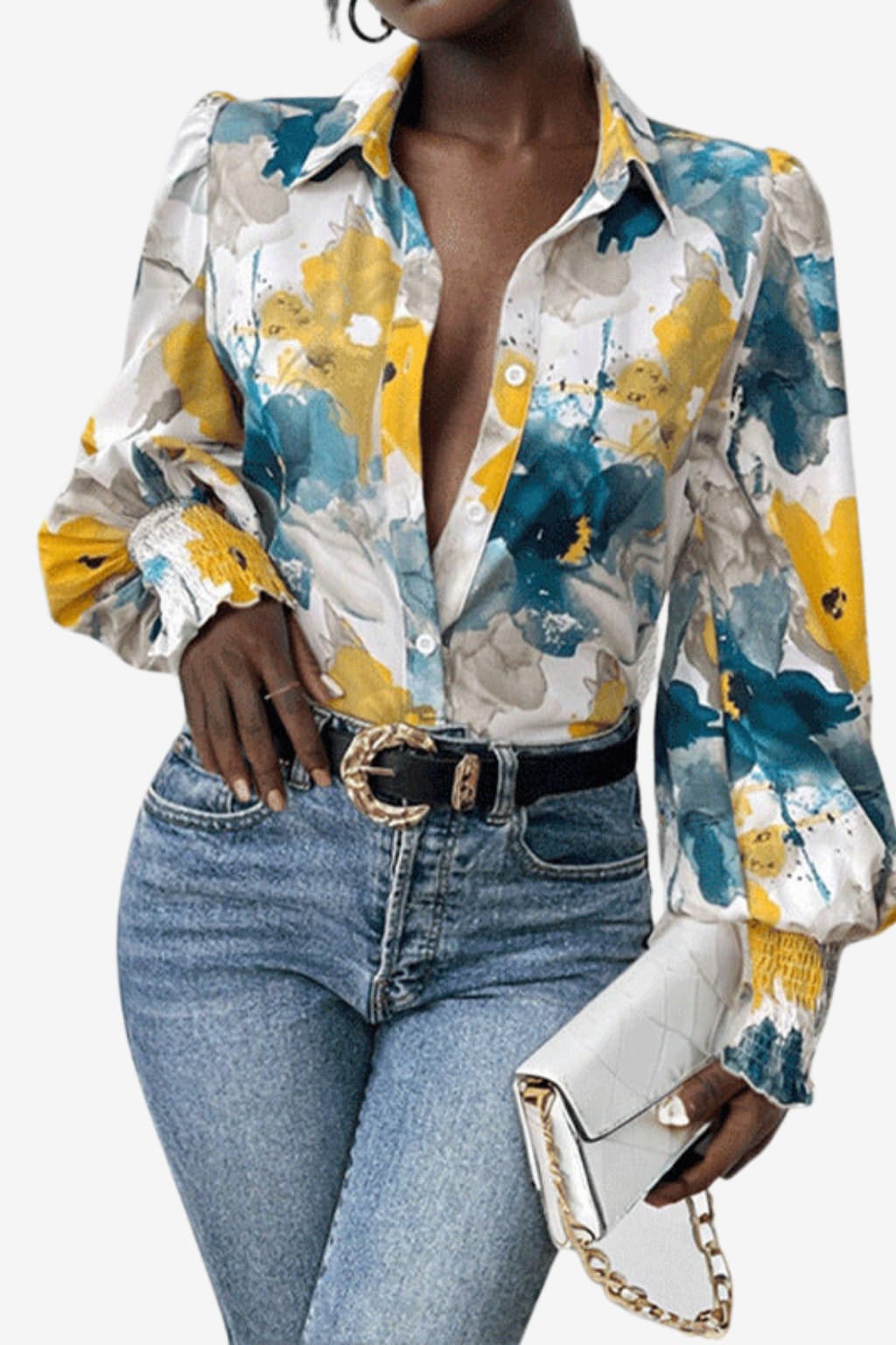 Women’s Floral Button Shirt Puff Sleeve Oversized Fit