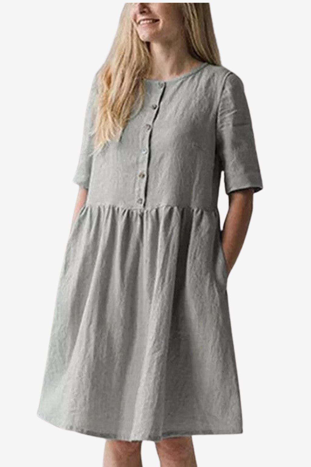Women's Cotton Linen Midi Dress - Relaxed Fit Short Sleeve with Pockets &amp; Buttons