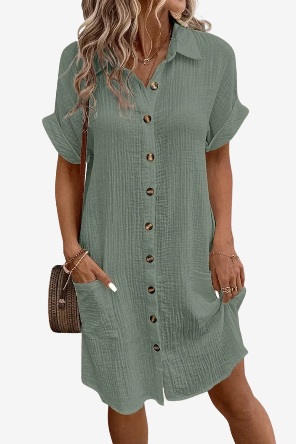 Women's Linen Shirt Dress, Short Sleeve, Button-Down, Knee-Length
