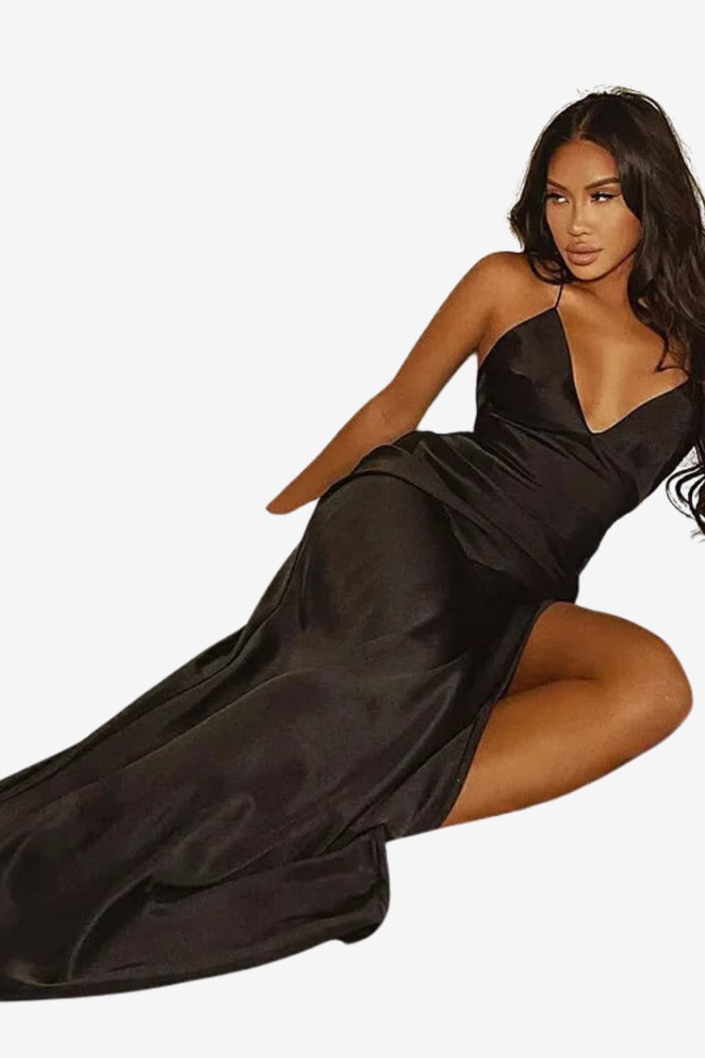 Women's Satin Maxi Dress with Deep V-Neck and Side Slit