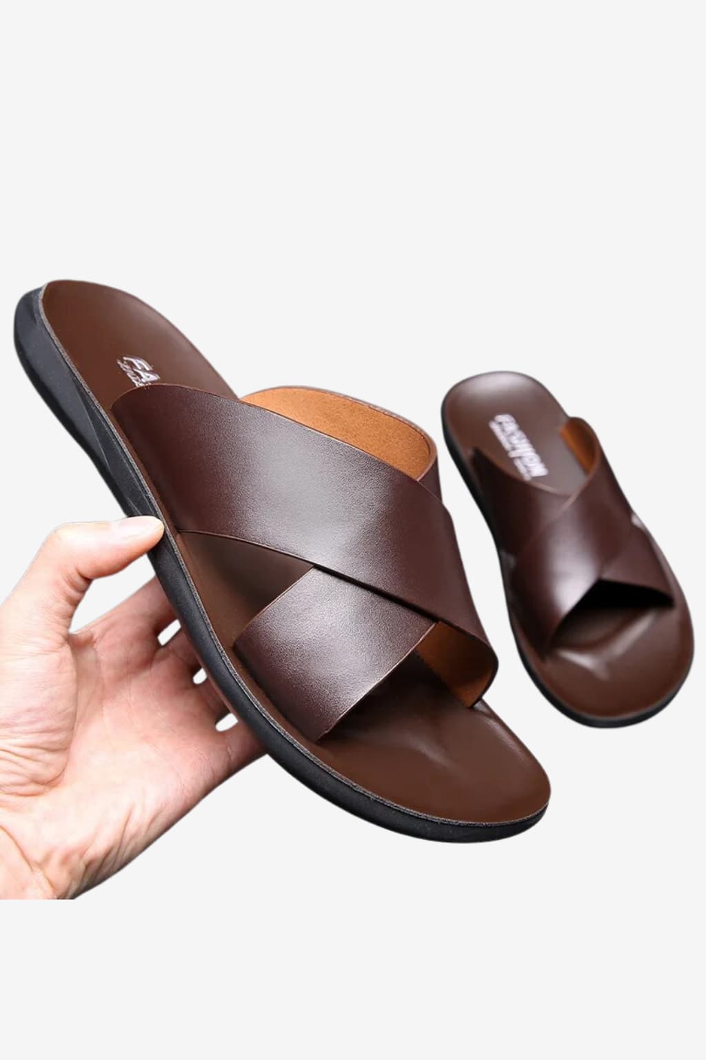 Men's Leather Cross Strap Slides Casual Sandals