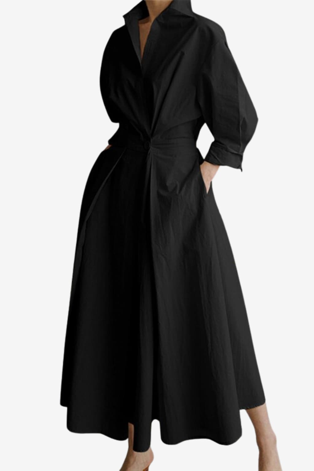 Women's Cotton Long Sleeve Midi Shirt Dress V-Neck