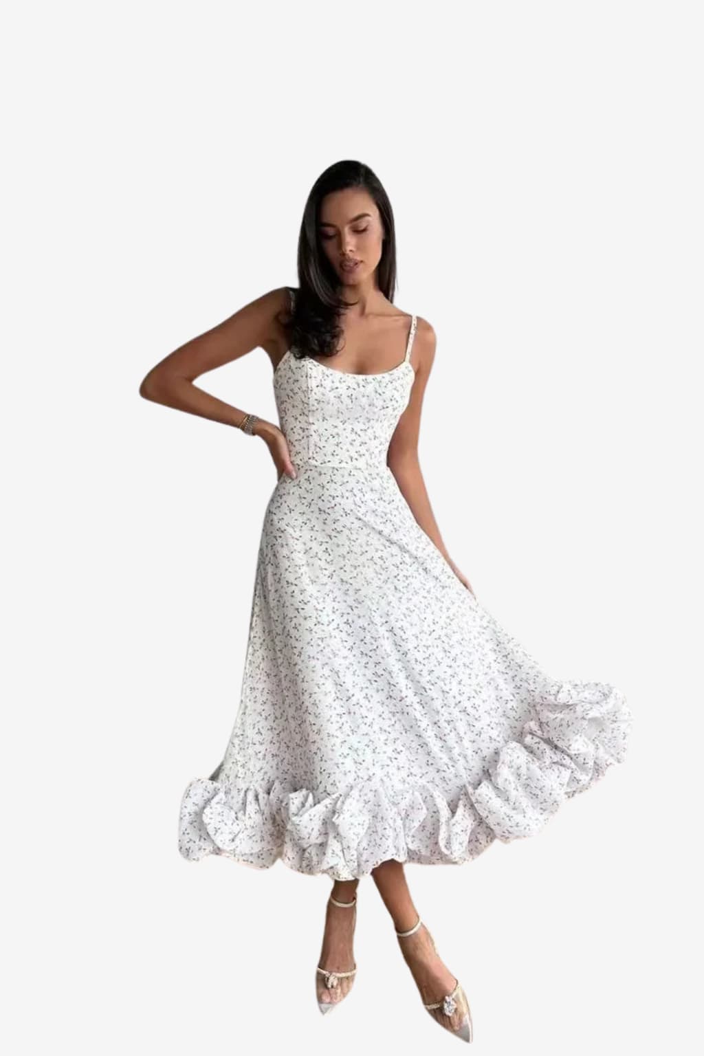 Women's Midi Dress with Spaghetti Straps and Ruffled Hem