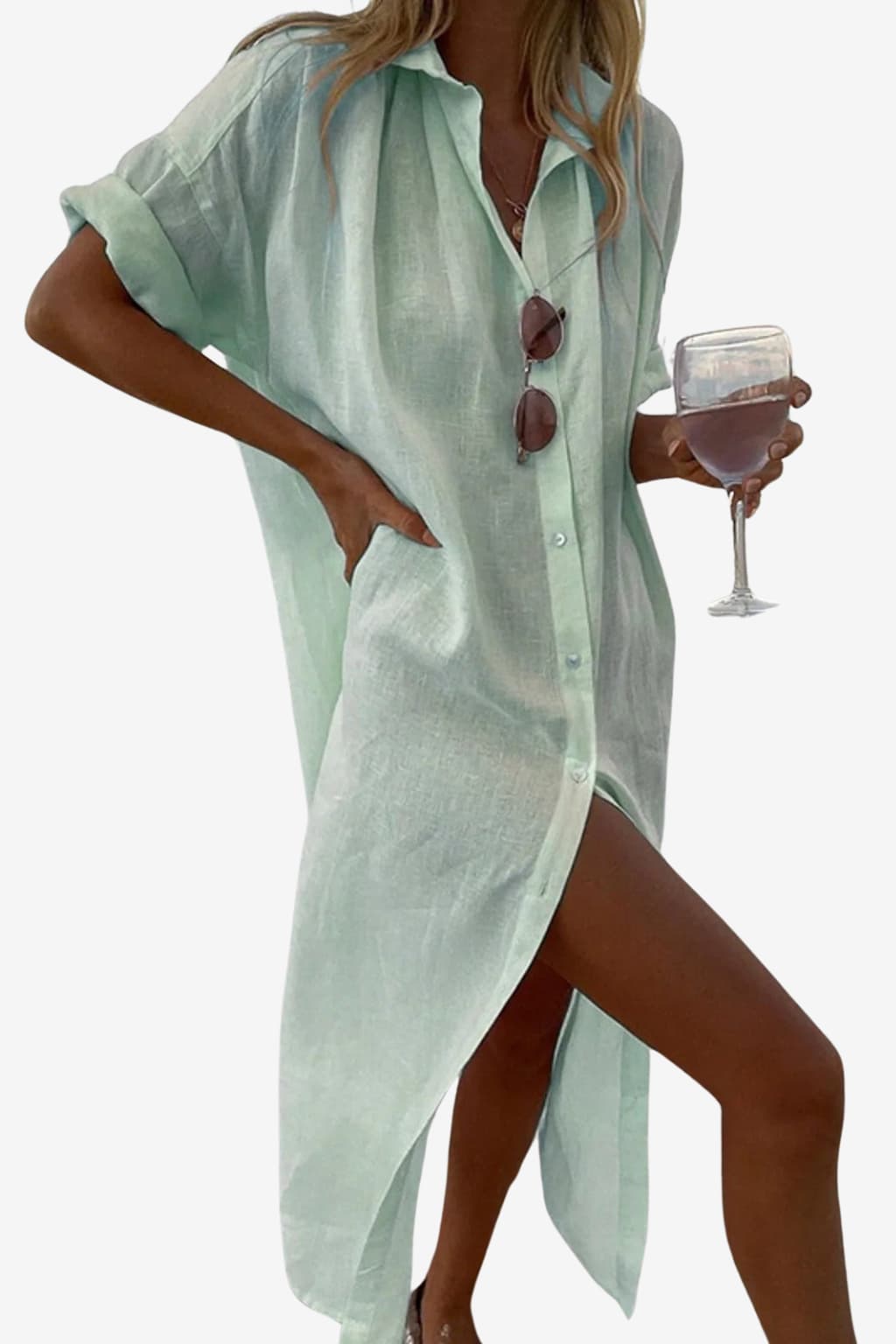 Women's Long Linen Blend Shirt Dress - Button Down Relaxed Fit